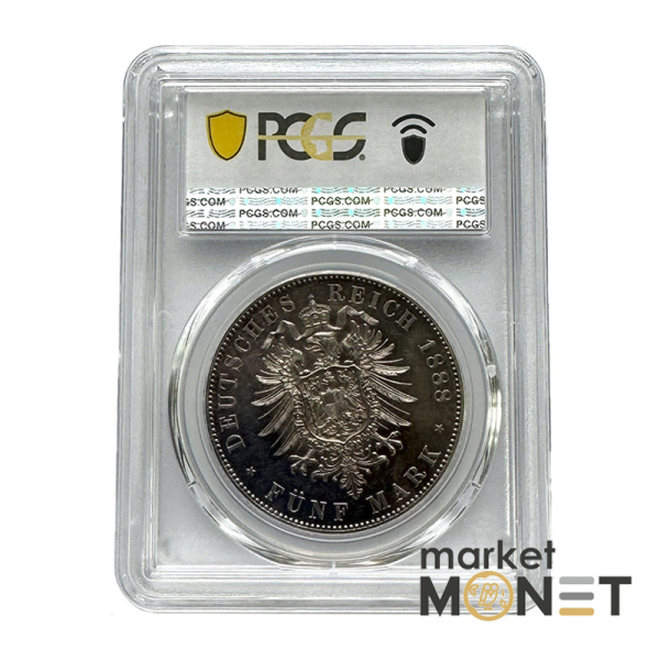 Срібна монета 5 марок 1888-А Прусія 900 PROOF в слабі PR61CAM 