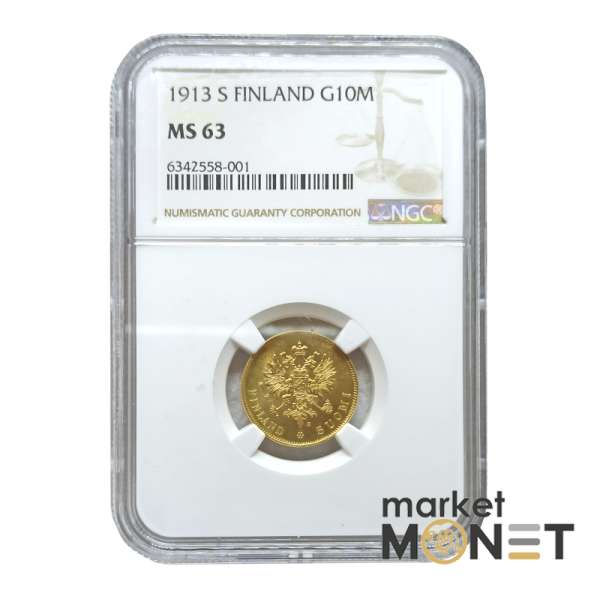 Золота монета 10 марок 1913  Фінляндія 900 у слабі MS 63  Золота монета 10 марок 1913  Фінляндія 900 у слабі MS 63