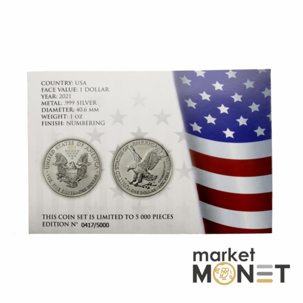 Набір двох монет 1 долар 2021 США 999 1 Oz Американський срібний орел