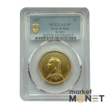 Золота монета 2 фунта 1887 Великобританія в слабі AU55 Золота монета 2 фунта 1887 Великобританія в слабі AU55