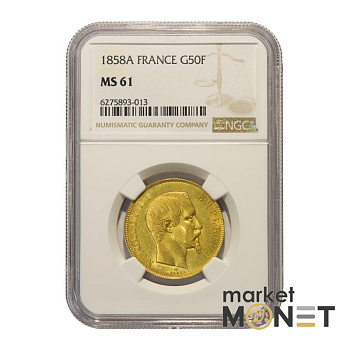 Золота монета  50 франків 1858А Франція в слабі MS61 Золота монета  50 франків 1858А Франція в слабі MS61