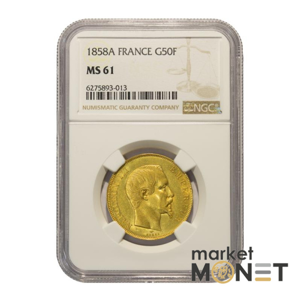 Золота монета  50 франків 1858А Франція в слабі MS61 Золота монета  50 франків 1858А Франція в слабі MS61