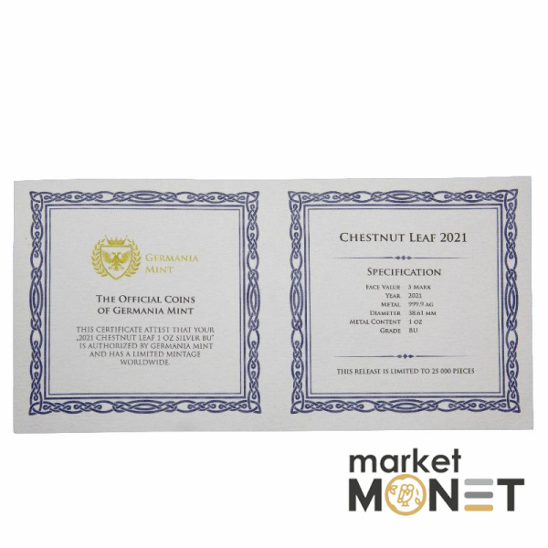 Срібна монета 5 марок 2021 Німеччина 999 1 Oz Каштан