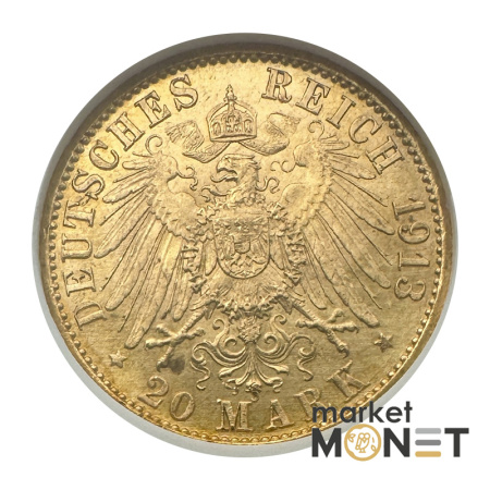 Золота монета 20 марок 1913 - А Пруссія у слабі MS62