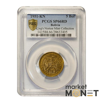 Монета  5 болівіано 1951 Болівія в слабі SP66RD 