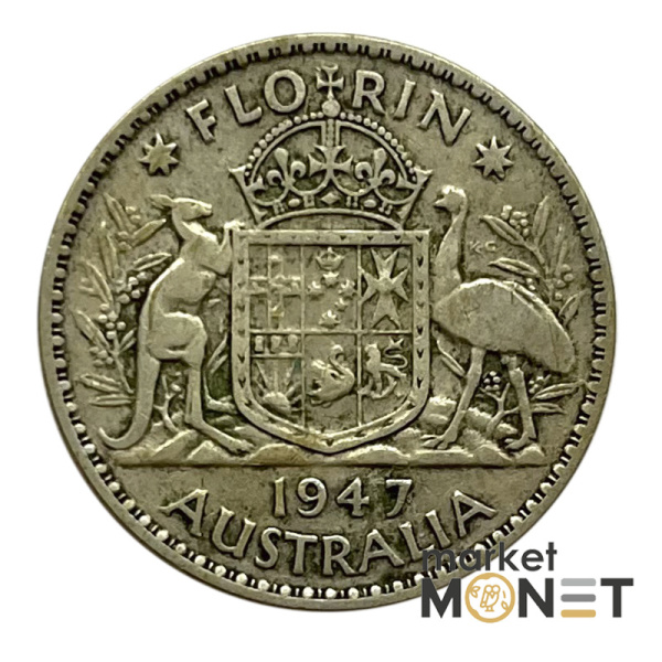 Срібна монета 1 флорін 1947 року Австралія 500 11.31 г. Король Георг VI
