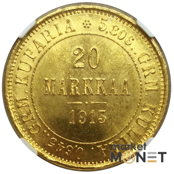 Золота монета 20 марок 1913  Фінляндія 900 у слабі MS 65  Золота монета 20 марок 1913  Фінляндія 900 у слабі MS 65