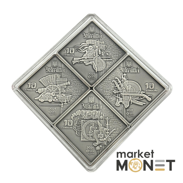 Набір із чотирьох срібних пам’ятних монет 40 гривень 2021 "Козацькі клейноди" у дерев`яному футлярі та сувенірній упаковці. (також є у флоку та сувенірній упаковці)