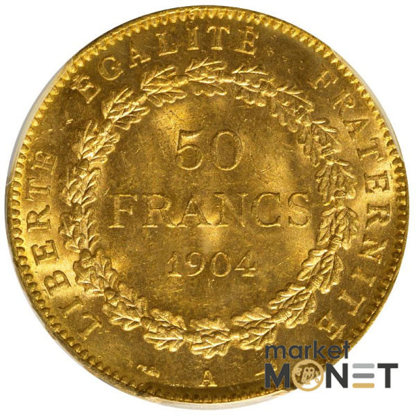 Золота монета 50 франків 1904 А Франція в слабі MS 63 Золота монета 50 франків 1904 А Франція в слабі MS 63