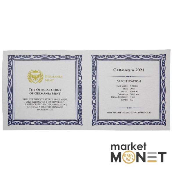 Срібна монета 5 марок 2021 Німеччина 999 1 Oz Германія