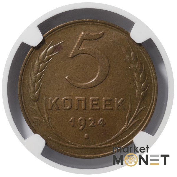 Монета 5 копійок 1924 СРСР в слабі MS 62 BN