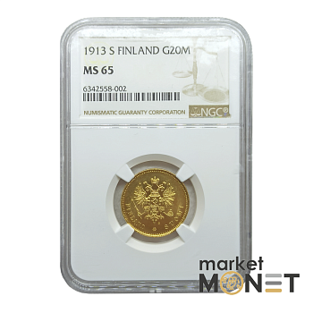 Золота монета 20 марок 1913  Фінляндія 900 у слабі MS 65 