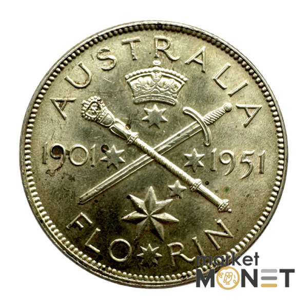 Срібна монета 1 флорін 1901 - 1951 року Австралія 500 Король Георг VI №2