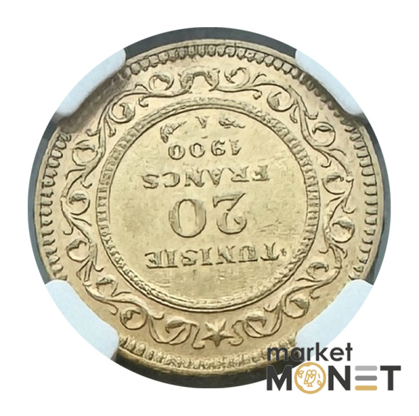 Золота монета 20 франків АН1918/1900 Туніс 900 6.452 г. у слабі MS 61