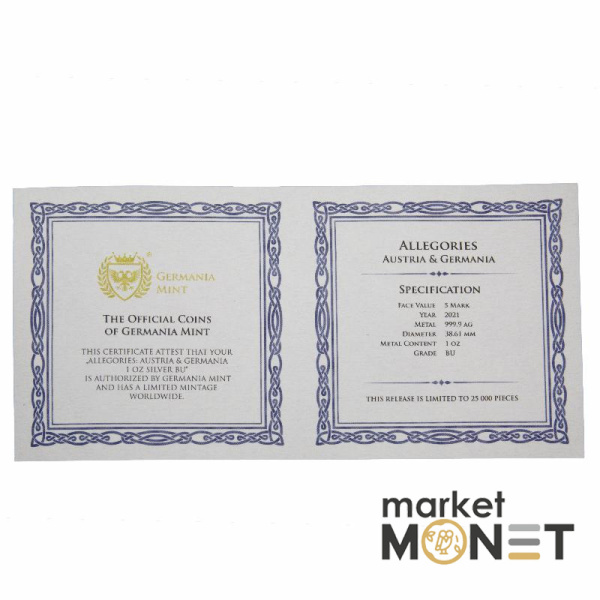 Срібна монета 5 марок 2021 Німеччина 999 1 Oz Алегорія Австрії та Німеччини