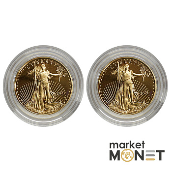 Набір золоті монети 5 доларів 2021США 1/10 oz Американський Орел