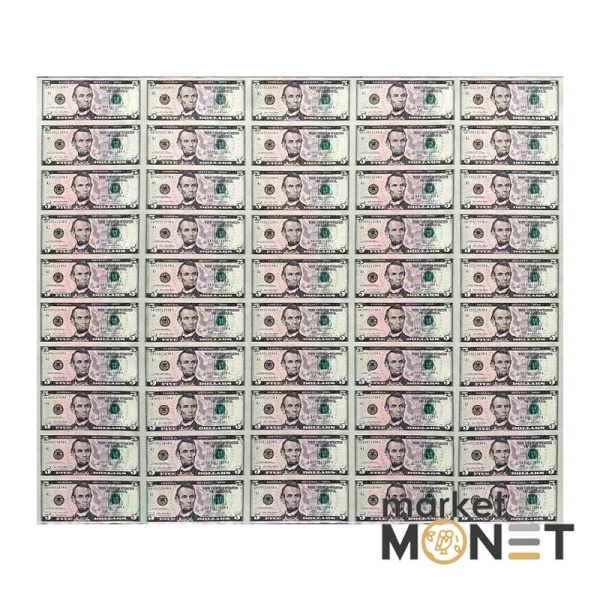 Нерозрізані банкноти 5 доларів 2021 50 шт