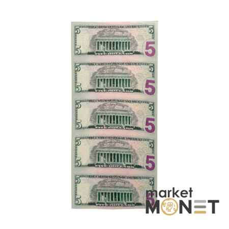 Нерозрізані банкноти 5 доларів 2021, 5 шт