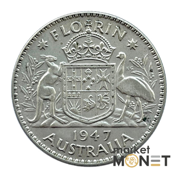 Срібна монета 1 флорін 1947 року Австралія 500 Король Георг VI