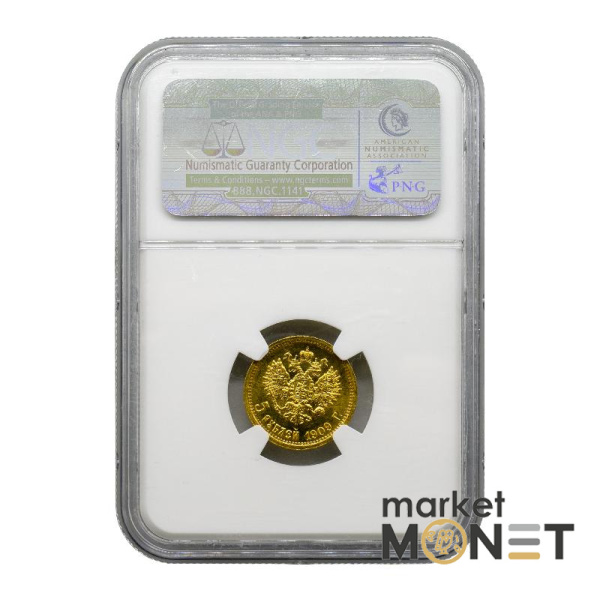 Золота монета 5 рублів 1909 Микола 2 Росія в слабі MS 66