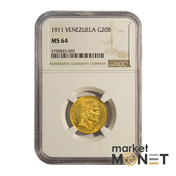 Золота монета 20 боліварів 1911 року Венесуела у слабкі MS 64 Золота монета 20 боліварів 1911 року Венесуела у слабкі MS 64