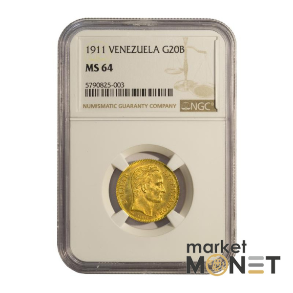Золота монета 20 боліварів 1911 року Венесуела у слабкі MS 64 Золота монета 20 боліварів 1911 року Венесуела у слабкі MS 64