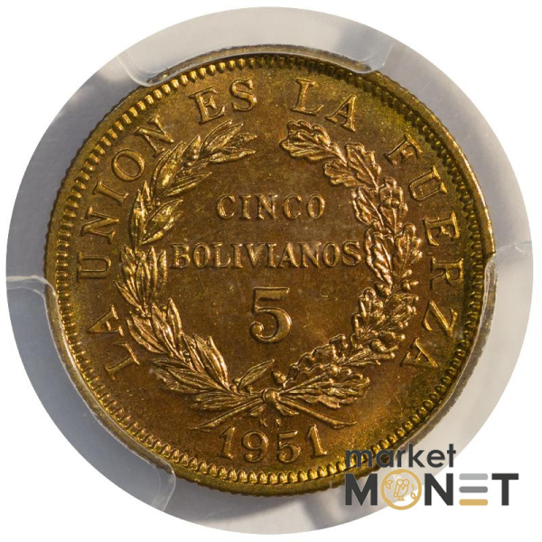 Монета  5 болівіано 1951 Болівія в слабі SP66RD 