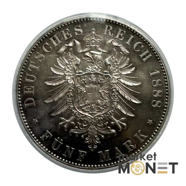 Срібна монета 5 марок 1888-А Прусія 900 PROOF в слабі PR61CAM 