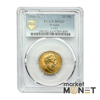 Золота монета 20 марок 1906 А Пруссія у слабі MS63 Золота монета 20 марок 1906 А Пруссія у слабі MS63
