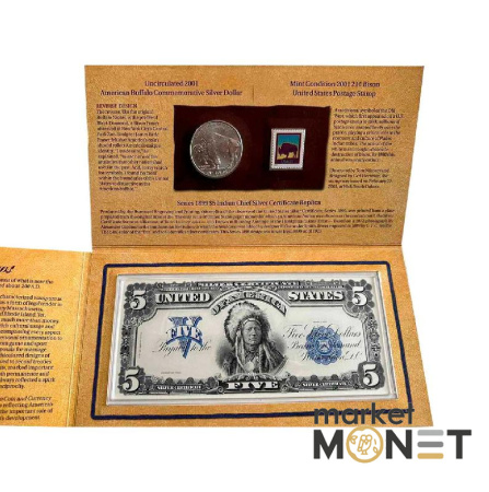 Набір срібна монета 1 долар 2001 та банкнота 5 доларів 1899,  «Американський бізон».