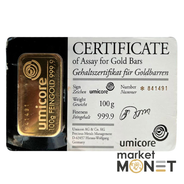 Золотий злиток 100 грамів umicore Золотий злиток 100 грамів umicore