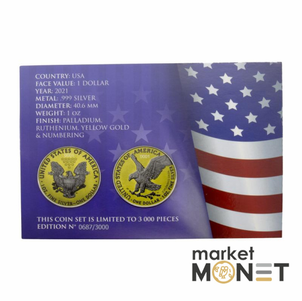 Набір двох монет 1 долар 2021 США 999 1 Oz Американський срібний орел (позолота)