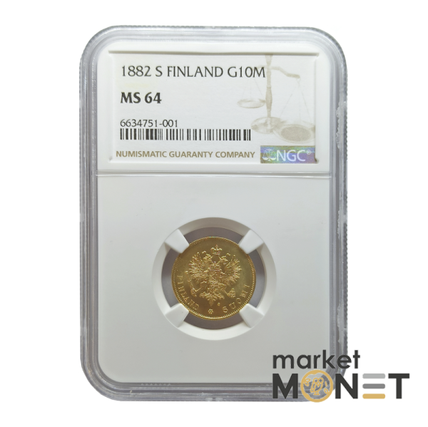 Золота монета 10 марок 1882 Фінляндія 900 у слабкі MS 64 (№1) Золота монета 10 марок 1882 Фінляндія 900 у слабкі MS 64 (№1)