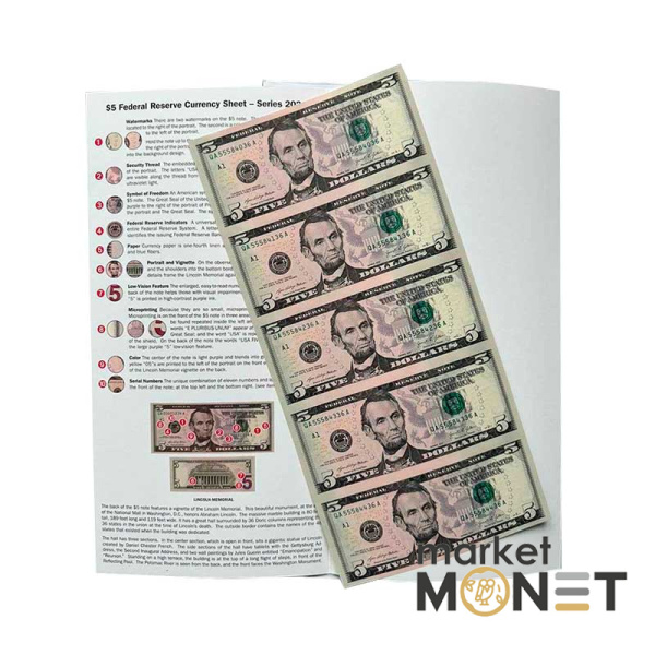 Нерозрізані банкноти 5 доларів 2021, 5 шт