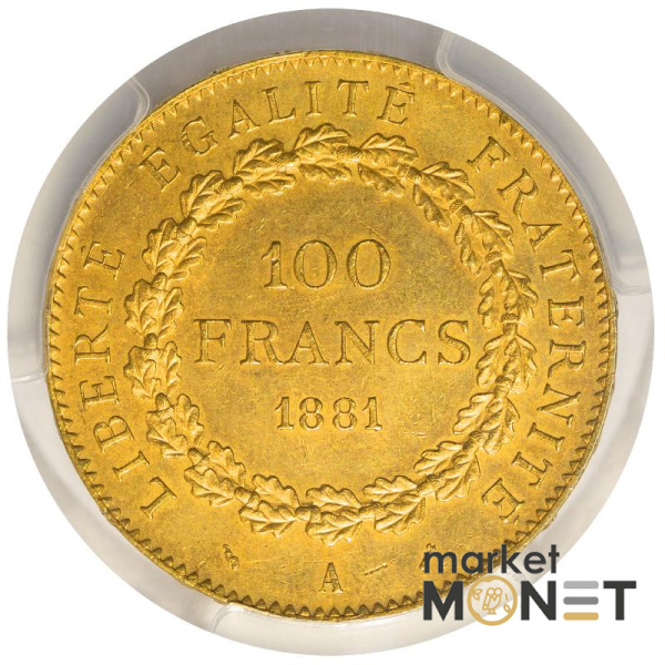 Золота монета 100 франків 1881 Франція в слабі MS 63 Золота монета 100 франків 1881 Франція в слабі MS 63
