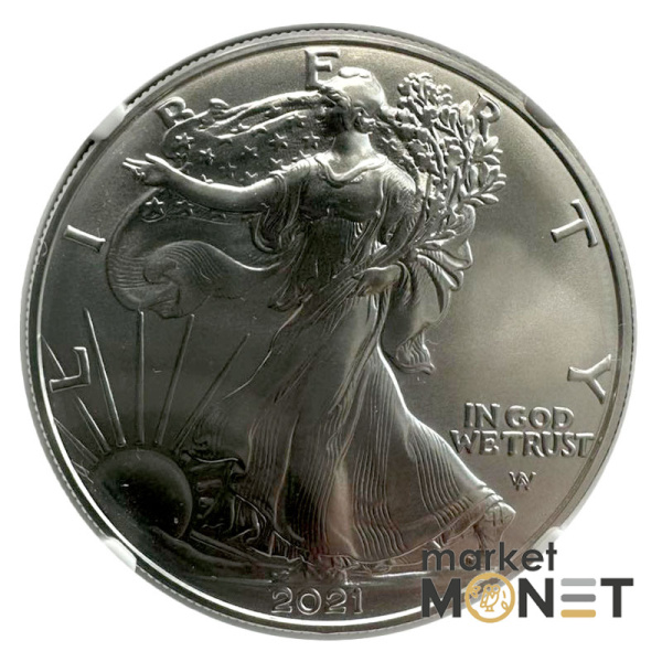 Срібна монета 1 доллар 2021 року, США. Американський орел в слабі MS 70