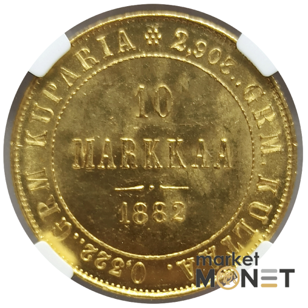 Золота монета 10 марок 1882 Фінляндія 900 у слабкі MS 64 (№1) Золота монета 10 марок 1882 Фінляндія 900 у слабкі MS 64 (№1)