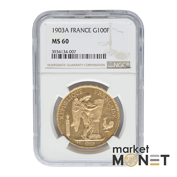 Золота монета 100 франків 1903 A  Франція в слабі MS 60 Золота монета 100 франків 1903 A  Франція в слабі MS 60