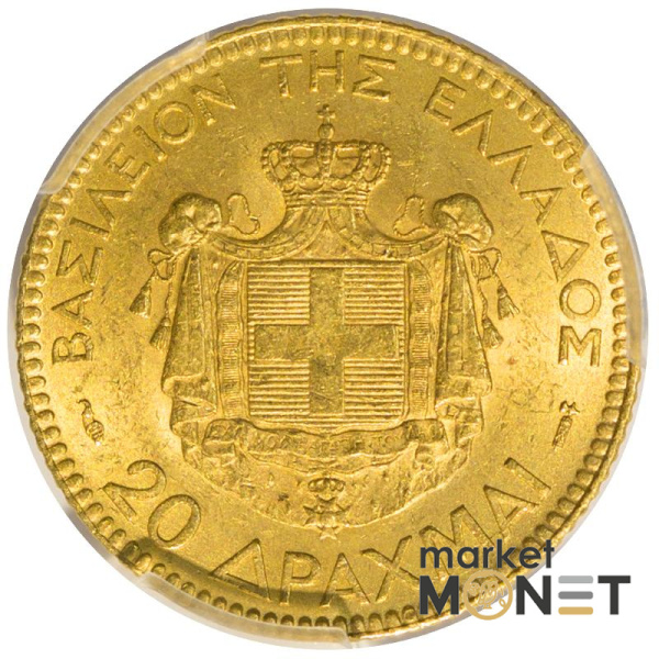 Золота монета 20 драхм 1884 А Греція в слабі MS 62 Золота монета 20 драхм 1884 А Греція в слабі MS 62