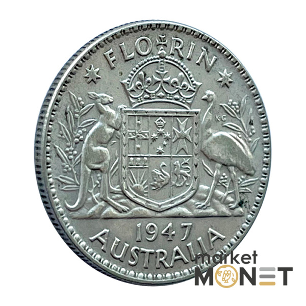 Срібна монета 1 флорін 1947 року Австралія 500 Король Георг VI
