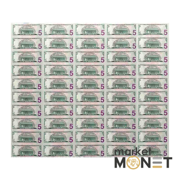 Нерозрізані банкноти 5 доларів 2021 50 шт