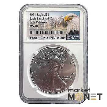 Срібна монета 1 доллар 2021 року, США. Американський орел в слабі MS 70