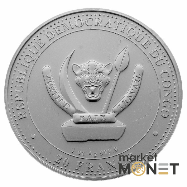 Срібна монета 20 франків 2021 Конго 999 1 Oz Кетцалькоатль