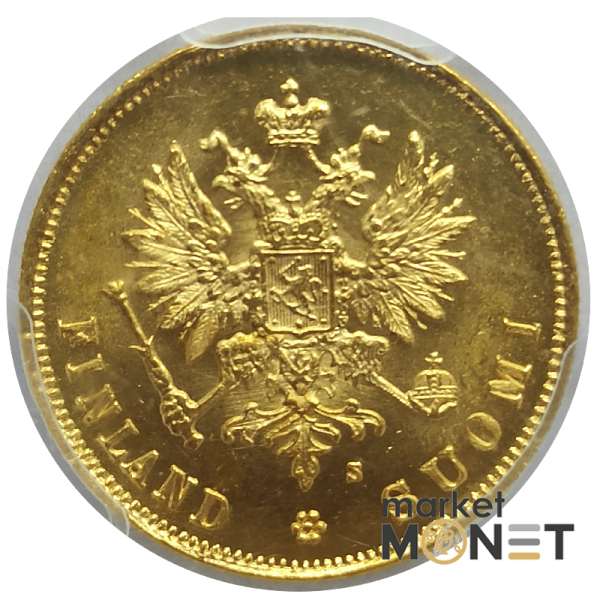 Золота монета 10 марок 1881 Фінляндія 900 у слабкі MS 64 Золота монета 10 марок 1881 Фінляндія 900 у слабкі MS 64