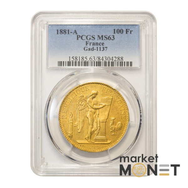 Золота монета 100 франків 1881 Франція в слабі MS 63 Золота монета 100 франків 1881 Франція в слабі MS 63