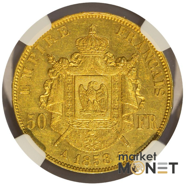 Золота монета  50 франків 1858А Франція в слабі MS61 Золота монета  50 франків 1858А Франція в слабі MS61
