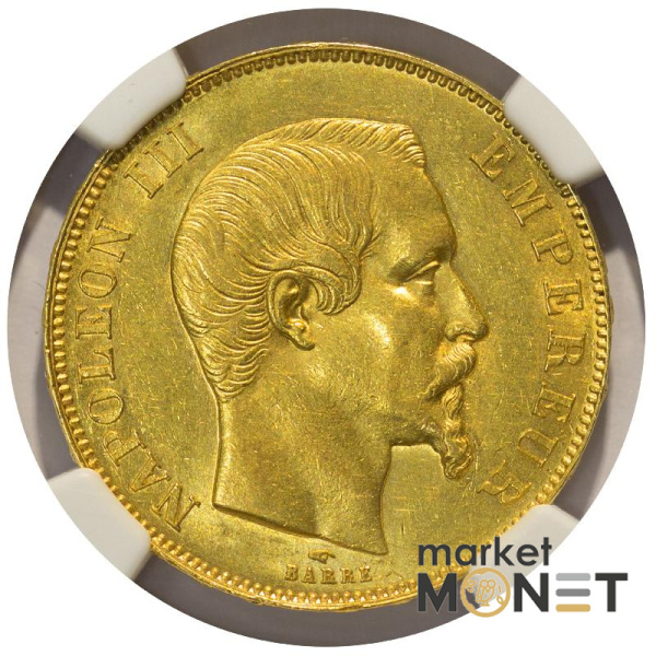 Золота монета  50 франків 1858А Франція в слабі MS61 Золота монета  50 франків 1858А Франція в слабі MS61