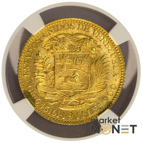 Золота монета 20 боліварів 1911 року Венесуела у слабкі MS 64 Золота монета 20 боліварів 1911 року Венесуела у слабкі MS 64