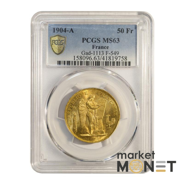 Золота монета 50 франків 1904 А Франція в слабі MS 63 Золота монета 50 франків 1904 А Франція в слабі MS 63