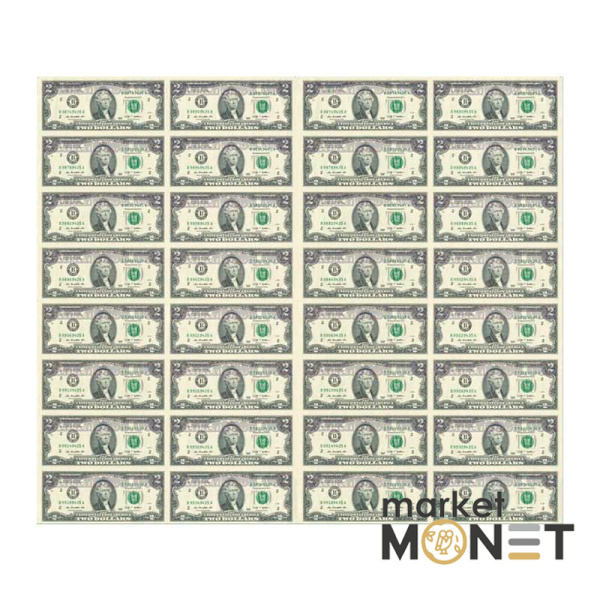 Нерозрізані банкноти 2 долари 32 шт